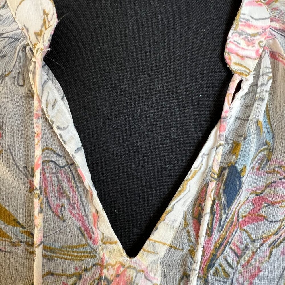 Lucky Brand White Floral Tie-Neck Peasant Blouse with Pink and Green Print - Picture 4 of 8